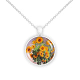 Sunny Bouquet of Sunflowers Monet Art Painting 1" Pendant Necklace in Silver Tone