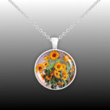 Sunny Bouquet of Sunflowers Monet Art Painting 1" Pendant Necklace in Silver Tone