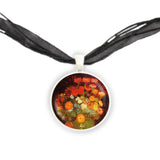 Red, Orange & White Zinnia Flowers in Green Bowl Van Gogh Art Painting 1" Pendant Necklace in Silver Tone
