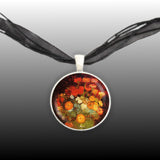 Red, Orange & White Zinnia Flowers in Green Bowl Van Gogh Art Painting 1" Pendant Necklace in Silver Tone