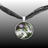 Springtime Purple & White Lilacs Raoul de Longpre Painting 1" Pendant Necklace in Silver Tone