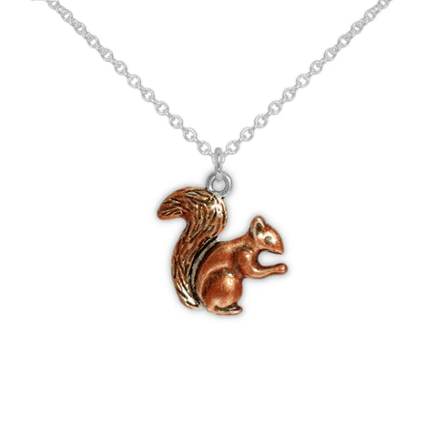 Bushy Tailed Brown Squirrel Charm Petite Pendant Necklace in Silver Tone, Halloween, Autumn