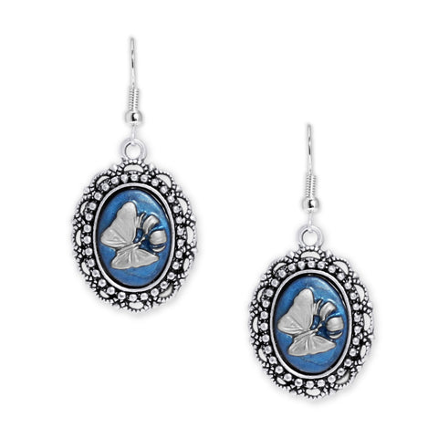 Persian Blue & Silver Color Butterfly & Lily Flower Cameo Vintage Style Dangle Earrings in Silver Tone