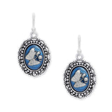 Persian Blue & Silver Color Butterfly & Lily Flower Cameo Vintage Style Dangle Earrings in Silver Tone
