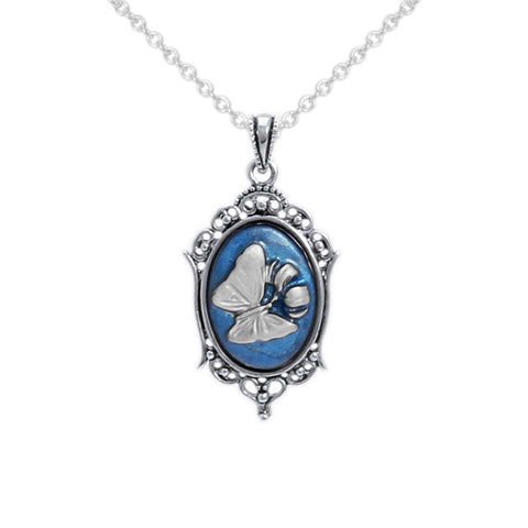 Persian Blue & Silver Color Butterfly & Lily Flower Cameo Vintage Style Pendant Necklace in Silver Tone