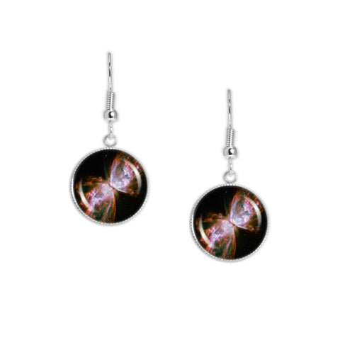 Butterfly Nebula in the Constellation Scorpius Dangle Earrings w/ 3/4" Space Charms in Silver Tone