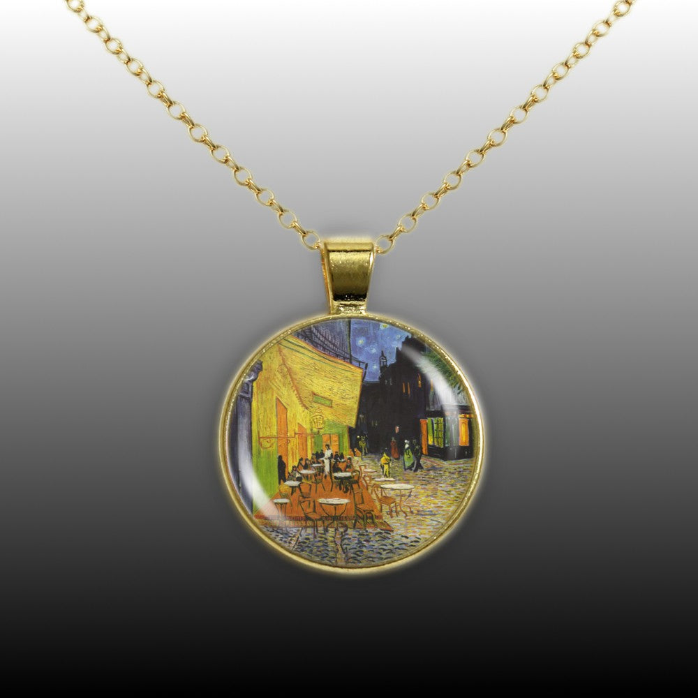 Cafe At Night Van Gogh Art Painting 1" Pendant Necklace in Gold Tone