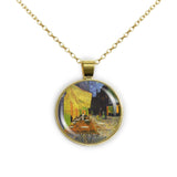 Cafe At Night Van Gogh Art Painting 1" Pendant Necklace in Gold Tone