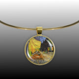 Cafe At Night Van Gogh Art Painting 1" Pendant Necklace in Gold Tone