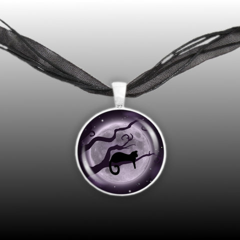 Cat w/ Dangling Paw in Tree Against Purple Tinted Moon Autumn & Halloween Illustration Art 1" Pendant Necklace in Silver Tone