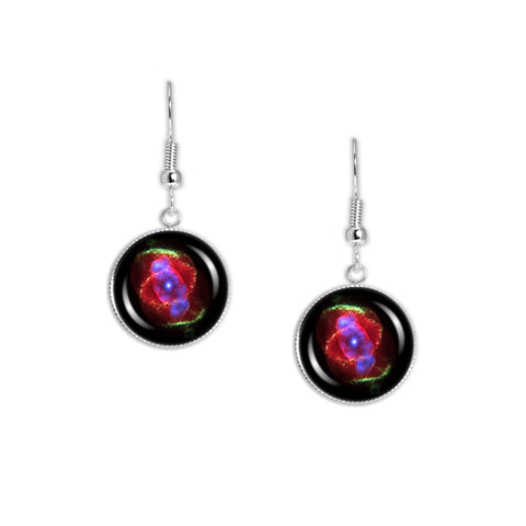 Cat's Eye Nebula in the Constellation Draco Dangle Earrings w/ 3/4" Space Charms in Silver Tone