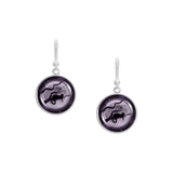 Cat w/ Dangling Paw in Tree Against Purple Tinted Moon Autumn & Halloween Illustration Art Dangle Earrings w/ 3/4" Charms in Silver Tone