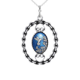 Persian Blue & Silver Color Hummingbird Trumpet Flowers Cameo Vintage Style Large Pendant Necklace in Silver Tone