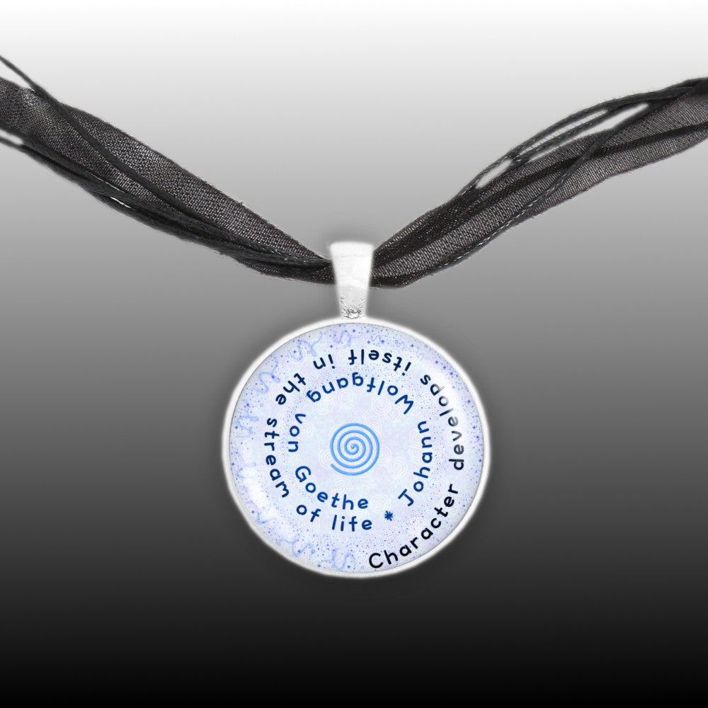 Character Develops Itself in the Stream of Life Goethe Quote Spiral 1" Pendant Necklace in Silver Tone