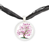 Cherry Tree w/ Pink Blossoms Illustration Folk Art Style 1" Pendant Necklace in Silver Tone