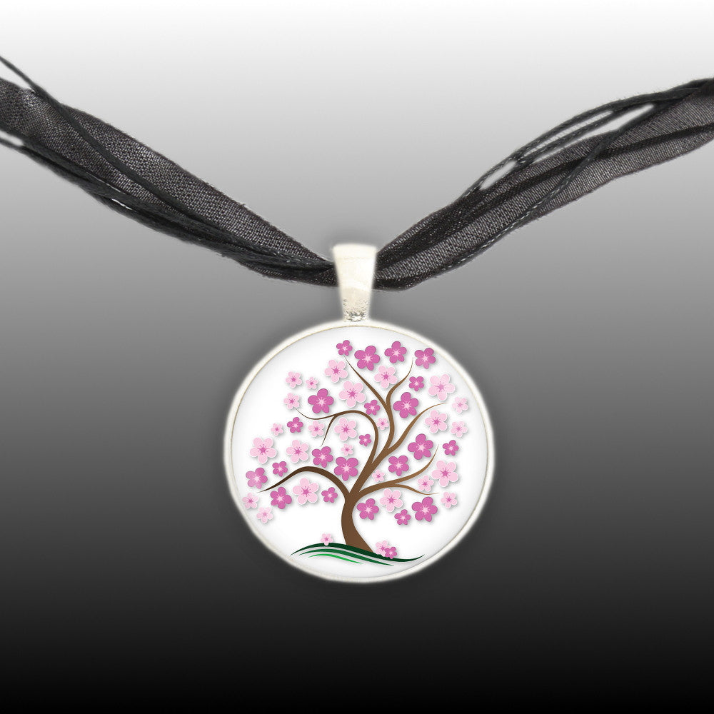 Cherry Tree w/ Pink Blossoms Illustration Folk Art Style 1" Pendant Necklace in Silver Tone