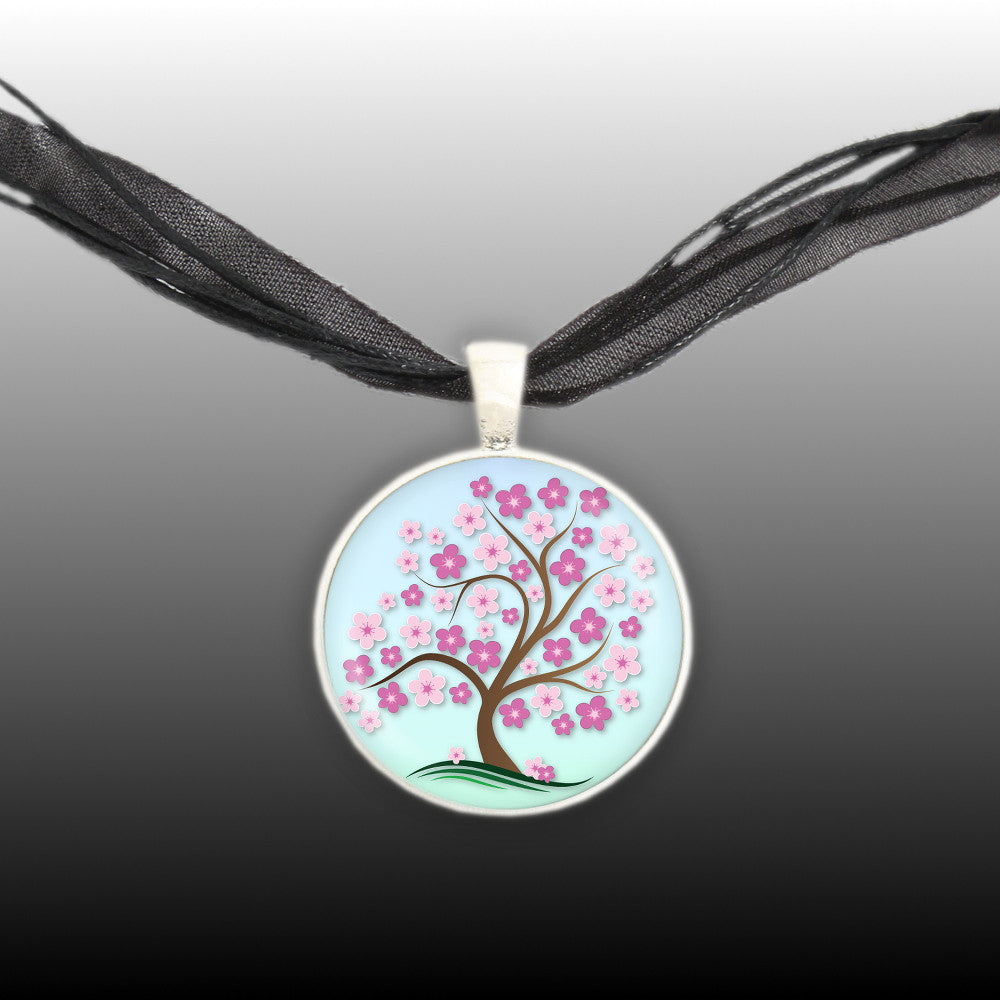 Cherry Tree w/ Pink Blossoms Against Blue Sky Illustration Folk Art Style 1" Pendant Necklace Silver Tone