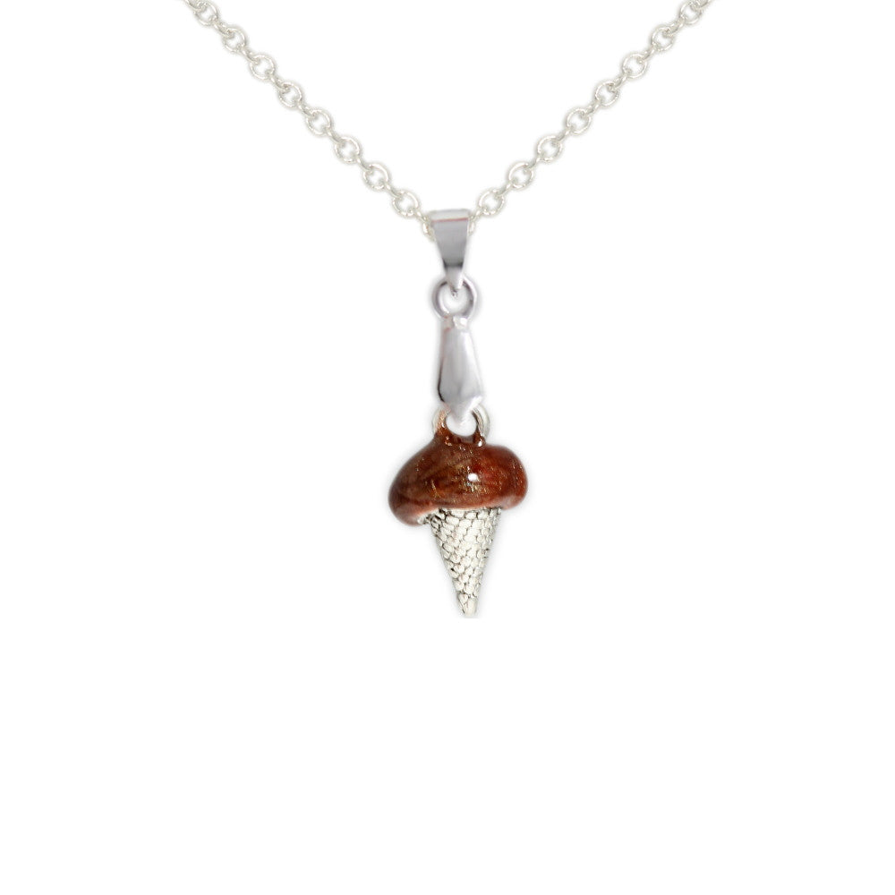 Chocolate Ice Cream Lovers Petite Cone Pendant Cable Chain Necklace in Silver Tone