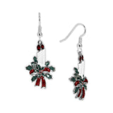 Red Flamed White Taper Candles with Green Holly & Red Bow Earrings in Silver Tone, Holidays, Christmas, Winter