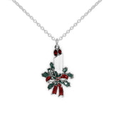 Red Flamed White Taper Candles with Green Holly & Red Bow Petite Pendant Necklace in Silver Tone, Holiday, Winter, Christmas