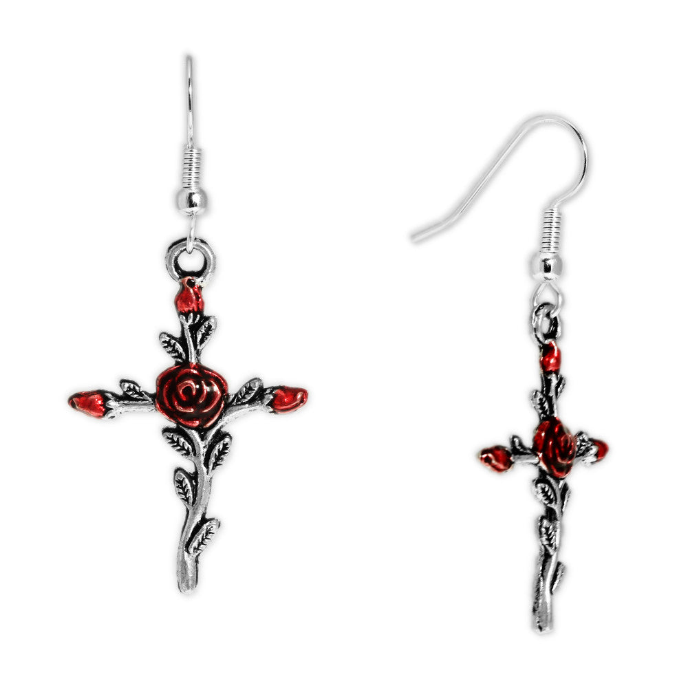 Crimson Red Rose Flower Cross Earrings in Silver Tone, Celebrate Christmas, Holidays