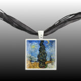 Cypress Tree on a Starry Night Van Gogh Art Painting 1" Pendant Necklace in Silver Tone