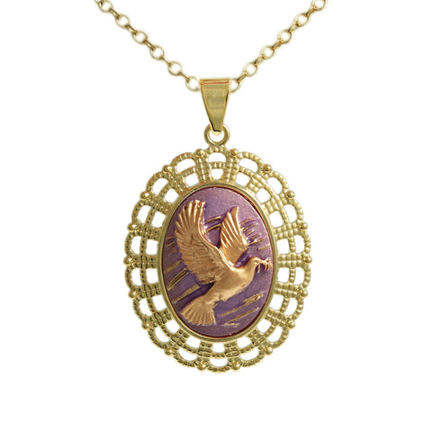 Dove Carrying Branch Lavender Purple & Gold Color Cameo Vintage Style Pendant Necklace in Gold Tone