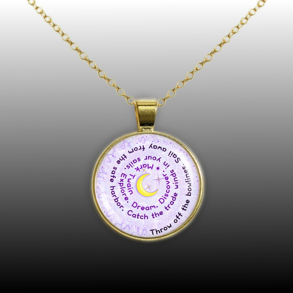 Throw Off the Bowlines ... Explore. Dream. Discover. Mark Twain Quote Moon Swirl 1" Pendant Necklace in Gold Tone