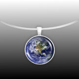 Blue Marble Western Hemisphere Planet Earth Solar System 1" Pendant Necklace in Silver Tone