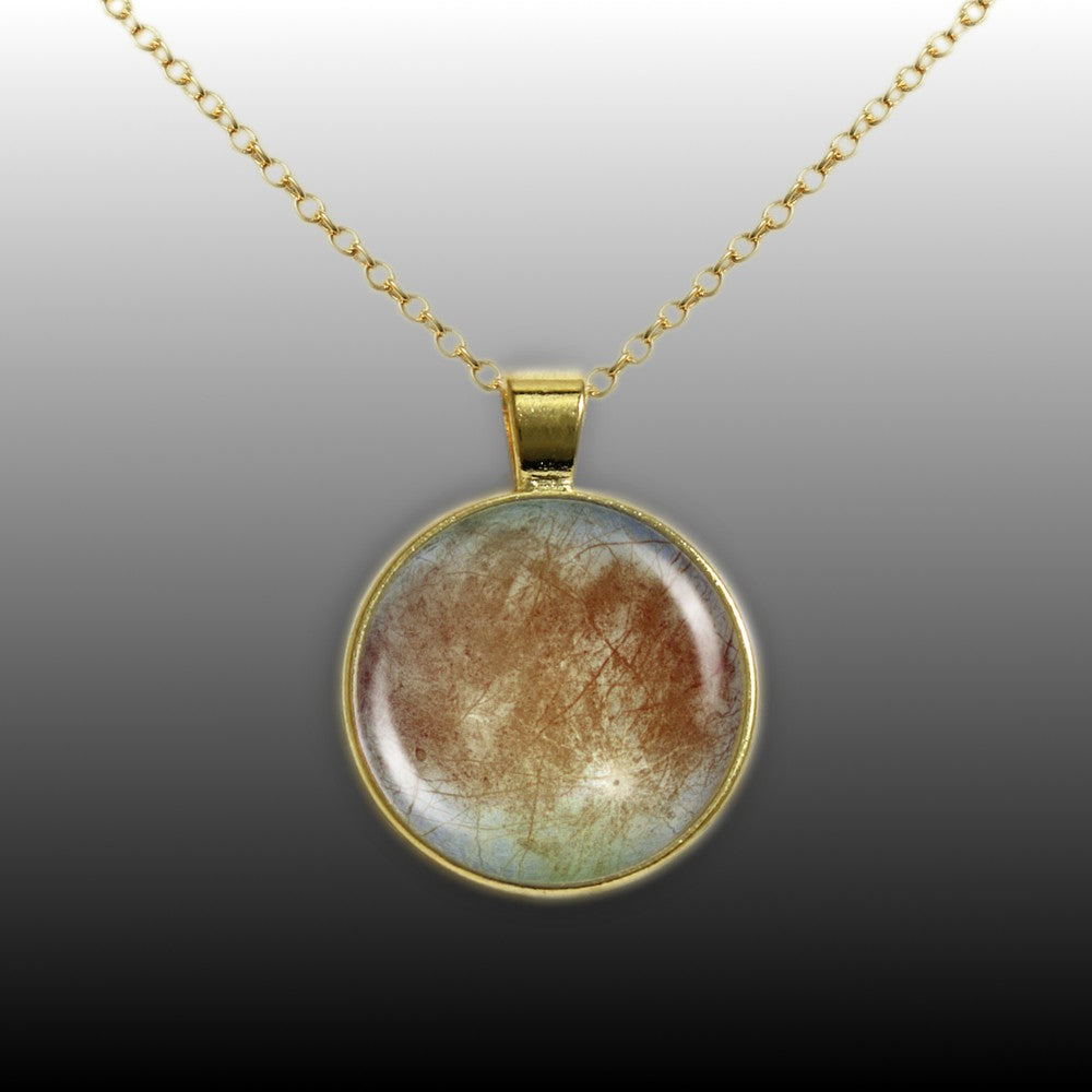 Cracklin' Icy Europa Moon of Planet Jupiter Solar System Space 1" Pendant Necklace in Gold Tone
