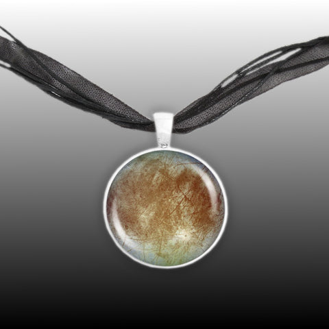 Cracklin' Icy Europa Moon of Planet Jupiter Solar System Space 1" Pendant Necklace in Silver Tone