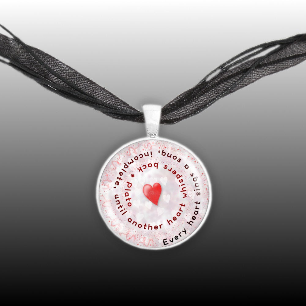 Every Heart Sings a Song, Incomplete, Until ... Plato Quote Heart Swirl 1" Pendant Necklace in Silver Tone