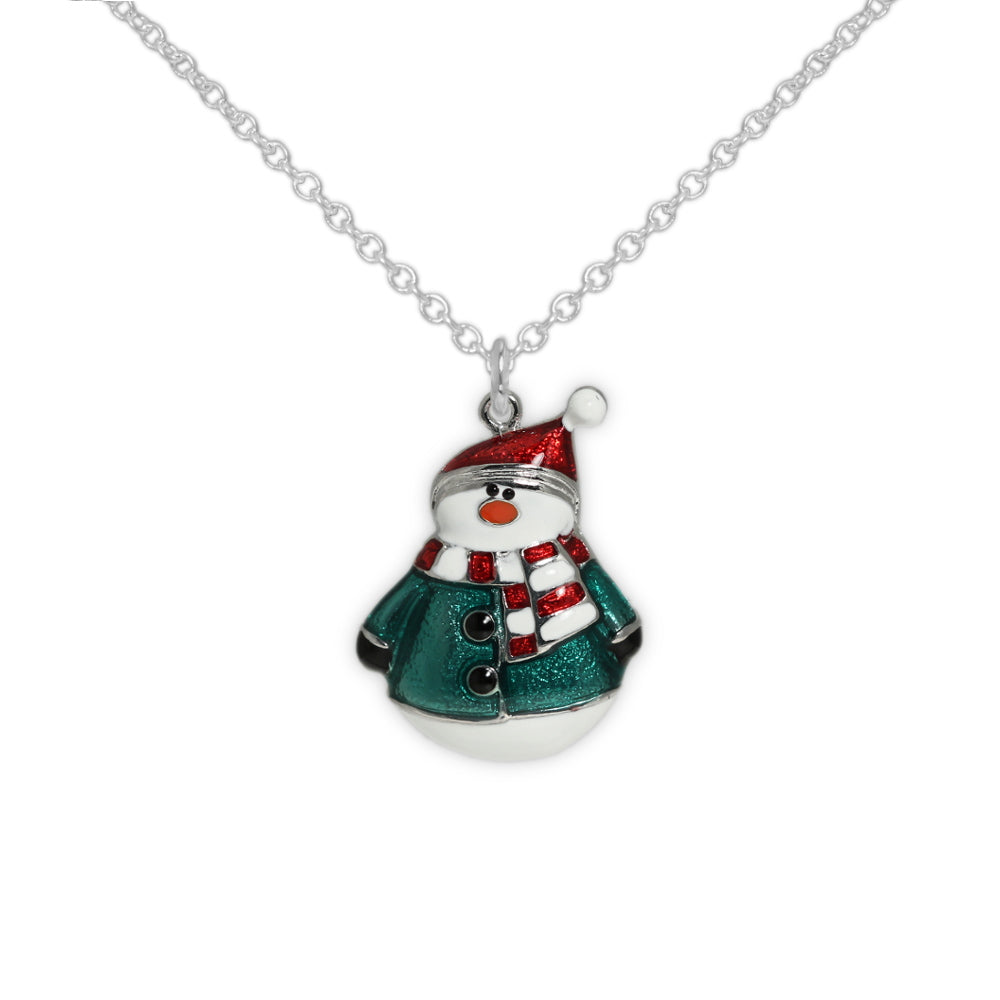 Fat Snowman in Green Jacket & Santa Hat Petite Pendant Necklace in Silver Tone, Holiday, Winter, Christmas
