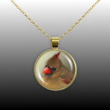 Olive Green Northern Female Cardinal Bird Photo 1" Pendant Necklace in Gold Tone