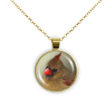 Olive Green Northern Female Cardinal Bird Photo 1" Pendant Necklace in Gold Tone