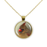 Olive Green Northern Female Cardinal Bird Photo 1" Pendant Necklace in Gold Tone