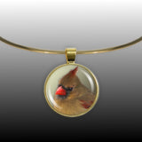 Olive Green Northern Female Cardinal Bird Photo 1" Pendant Necklace in Gold Tone