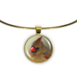 Olive Green Northern Female Cardinal Bird Photo 1" Pendant Necklace in Gold Tone