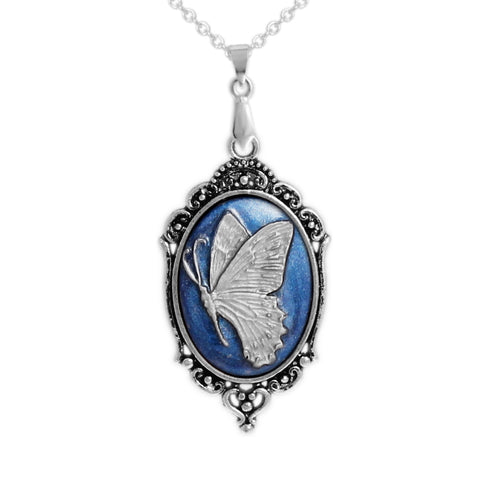 Persian Blue & Silver Color Butterfly Cameo Vintage Style Pendant Necklace in Silver Tone