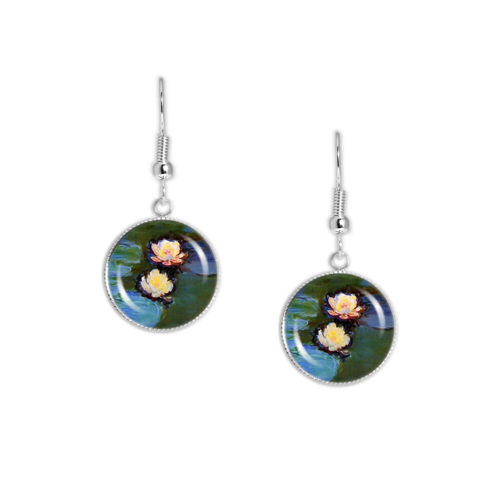 Floating Flowers Water Lilies Monet Art Painting Dangle Earrings w/ 3/4" Art Print Charms in Silver Tone