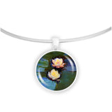 Floating Flowers Water Lilies Monet Art Painting 1" Pendant Necklace in Silver Tone