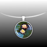 Floating Flowers Water Lilies Monet Art Painting 1" Pendant Necklace in Silver Tone