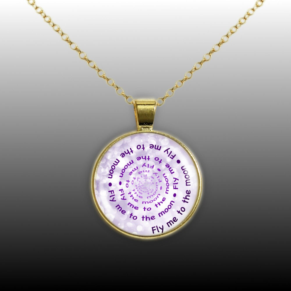 Fly Me to the Moon Quote Swirl Vortex 1" Pendant Necklace in Gold Tone