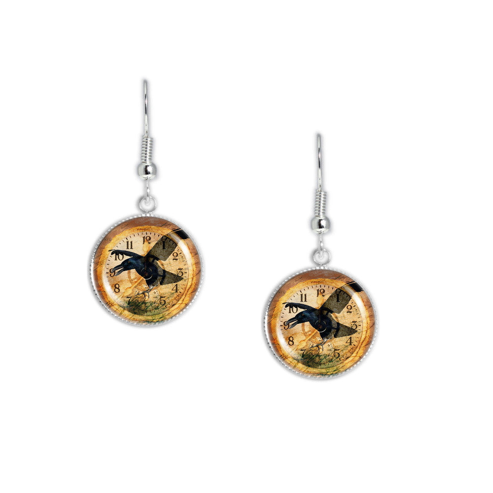 Flying Black Raven & Clock Steampunk Style Artwork Print Dangle Earrings w/ 3/4" Charms in Silver Tone