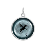 Flying Unicorn or Pegasus & Birds Against Blue Moon 3/4" Charm for Petite Pendant or Bracelet in Silver Tone, Autumn, Halloween