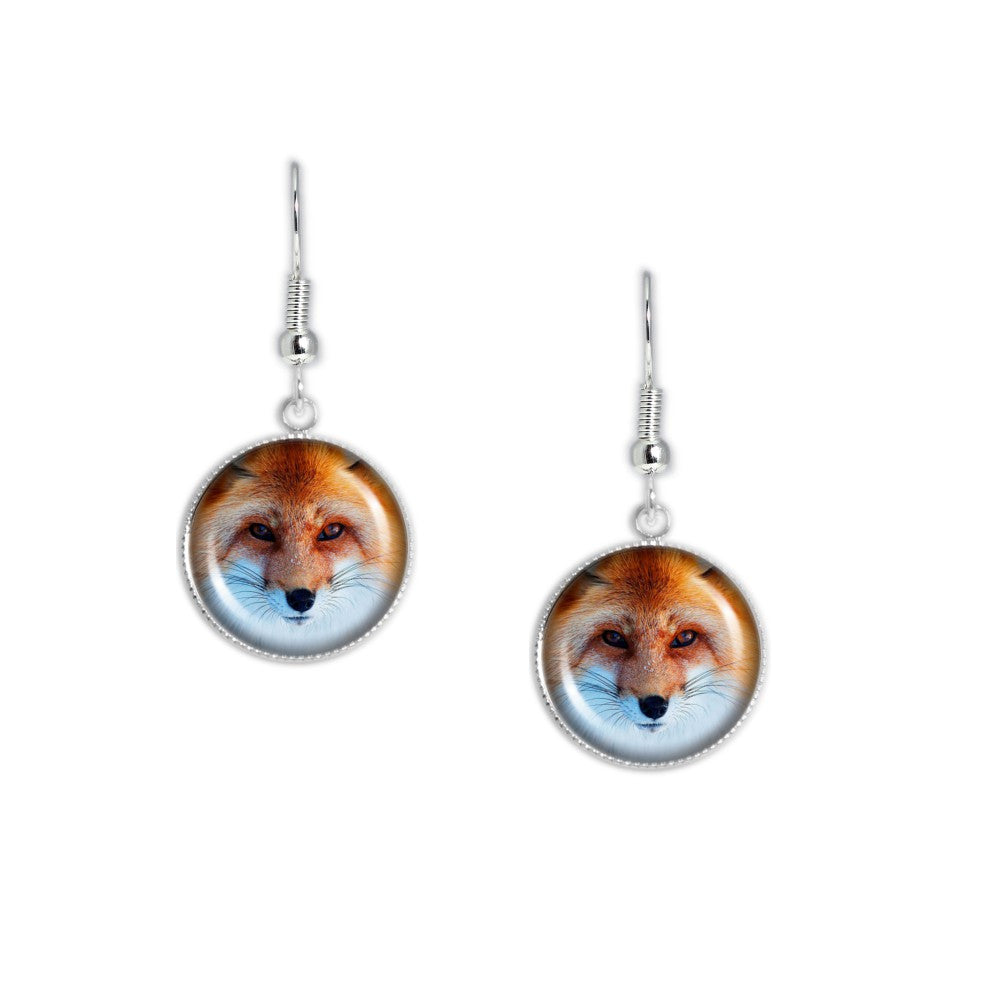 Rusty Red Fox Portrait Photo Dangle Earrings 3/4" Artwork Charms in Silver Tone