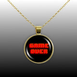 GAME OVER Retro Video Game Style Illustration 1" Pendant Cable Chain Necklace Silver Tone, Geek Jewelry