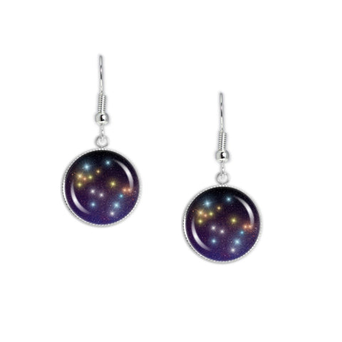 Gemini Constellation Illustration Dangle Earrings w/ 3/4" Space Charms in Silver Tone