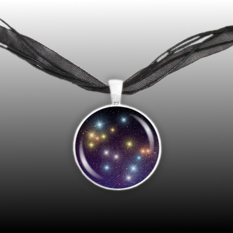 Gemini Constellation Illustration 1" Space Pendant Necklace in Silver Tone