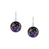 Gemini Constellation Illustration Dangle Earrings w/ 3/4" Space Charms in Silver Tone